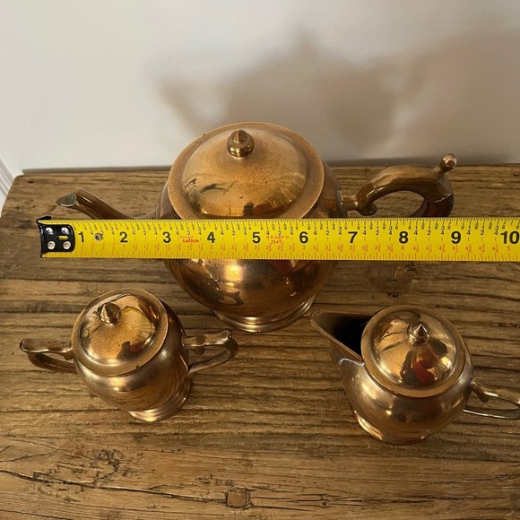 Vintage 3 Piece Taiwan Brass with Wooden Handle Hollywood Regency Tea Set - Picture 9 of 12
